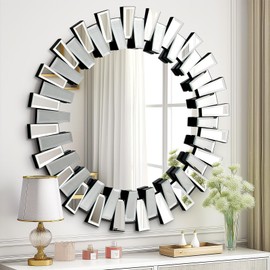 QDSSDECO Round Mirror Sunburst Wall Mirror 24" Beveled Edge Frameless for Living Room Bathroom Bedroom Entryway Decor
