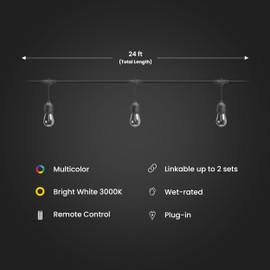 Feit Electric 24ft LED String Light, Color Changing, 3000K Bright White, 15,000-Hour Lifetime, Heavy-Duty 18/2 Cord for Outdoor Use Only, Linkable, Remote Control Included, SL24-12/RGBW/WFIL