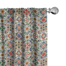 Ambesonne Moroccan Window Curtains, Colorful Azulejo Pattern Portuguese Ornamental Abstract Floral Arrangements Leaves, Lightweight Decor 2-Panel Set with Rod Pocket, Pair of - 28" x 84", Beige