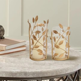 Farmhouse Gold Metal Candle Holder with Glass Cylinder, Large Hurricane Pillar Candleholder, Vintage Candle Stand Decorative for Table Centerpiece, Wedding, Party, Christmas Decor, 6.25" W*11.5" H