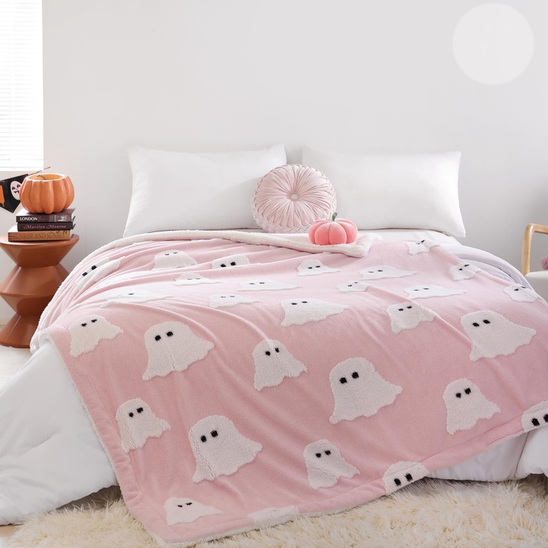 Smoofy Throw Blanket Halloween Blanket with White Ghost Pink Throw