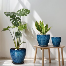 EPFamily Plant Pots Indoor, Ceramic Planters Pots with Drainage Holes and Saucers, 10+8+6 Inch, Set of 3, Round Large Flower Pots for Indoor Outdoor Plants, Blue