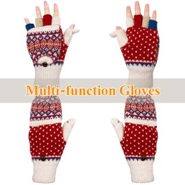 Beurlike Winter Fingerless Gloves Mittens for Women Men Warm Wool Knitted Convertible Flip Top Mittens Cold Weather, Zfleece Whitered