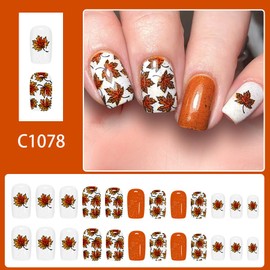 24 Pcs Square Press on Nails Fall Short Fake Nails Orange Red Gradient False Nails with Maple & 3D Leaf Acrylic Press ons Full Cover Stick on Nails for Women Girls