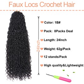 Mscat 24Inch 8 Packs Goddess Faux Locs Crochet Hair 12Strands/pack Wavy With Curly Ends Pre-looped Bohemian Hippie Locs Crochet Braids Hair Extensions (12Strands/Pack 1B#)