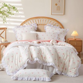 Jolusere White Ruffle Duvet Cover Queen Size Pink Tulips Bedding Cream Color Ruffled Floral Duvet Cover Set Soft Washed Microfiber Vintage Romantic French Duvet Covers for Girls Kids (No Comforter)