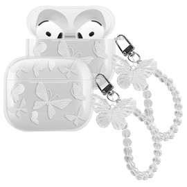 ECZOIL Cute Case Compatible with AirPods 4th Generation, Cute White Butterfly Soft Clear TPU Earphone Protective Case with Butterfly Keychain-White Butterfly