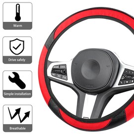 JNNJ Car Steering Wheel Cover, Microfibre Leather Steering Wheel Cover, Sport Non-Slip Universal Steering Wheel Cover, Steering Wheel Cover, Genuine Leather, Breathable, Anti Slip (Black + Red)