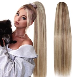 Fashion Icon Long Blonde Ponytail Extensions Drawstring Straight Clip in Hair Extension Ponytail For Women 30Inch Synthetic Hairpiece(#P8/613, Piano Light Brown and Platinum Blonde 6.7OZ)
