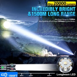 Flashlights 20000 High Lumens Rechargeable - 1500 Meters Long Beam Super Bright LED Flash Light with Power Display & IPX5 Waterproof for Camping, 20H Runtime,Zoomable Handheld Flashlight-string