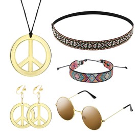 MIVAIUN 5 Pack Hippie Kostüm Set, Hippie Accessoires, 60er 70er 80er Jahre Bekleidung Accessoires, 60er Jahre Party Zubehör Kit, Sonnenbrille, Frieden Zeichen Halskette, Böhmen Stirnband