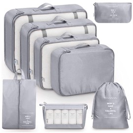 DAHAN 8PCS Organizadores de Viaje para Maletas, Bolsas de Equipaje Impermeable Cubo Embalaje de Viaje Bolso de Almacenamiento a Ropa, Zapato, Cosmético y Accesorio, Organizador de Maleta Bolsa (gris)