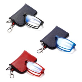 OWTXIS Folding Reading Glasses for Women Men, Blue Light Easy Carry Readers with Ultra-light Pocket Keychain Bags (Black, Blue, Red, 3.00)