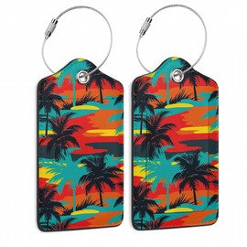 Luggage Tags for Suitcase,2 Pack Colorful Hawaiian Palm Trees Luggage Tag PU Leather Privacy Cover ID Label with Stainless Steel Loop for Women Men Teens Travel
