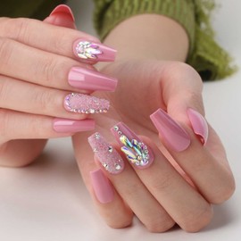 MqpQ Luxury Pink Press On Nails Rhinestones Medium Coffin Fake Nails Caviar Art 24pcs Glossy Full Cover False Nails For Women