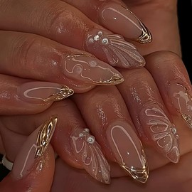 LBPEPAMZ 24Pcs Pink Press on Nails Medium Almond Fake Nails with 3D Pearl Rhinestones Design Gold Foil French Tip Acrylic Nails False Nails Cute Spring Butterfly Glue on Nails for Women Manicure Decor