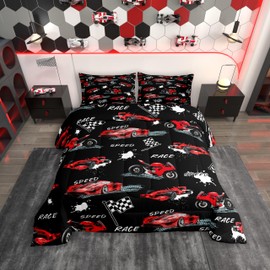 Feelyou Kids Red Black Race Car Bedding Set Twin Size, Speed Sports Car Comforter Set Boys Girls Dirt Bike Motocross Comforter Racing Car Teens Duvet Set Bedroom Decor Bed Set 2Pcs