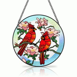 Stained Glass Window Hanging, Cardinals Suncatcher with Hook, Window, Garden Decoration, Red Bird Suncatchers for Women, Mom, Grandma, Teacher, Bird Lover (6 in)