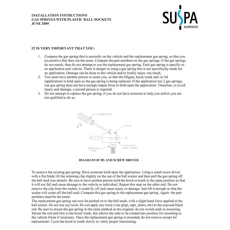 Suspa C16-08376 19.7" Gas Prop/Strut 135 lbs (2)