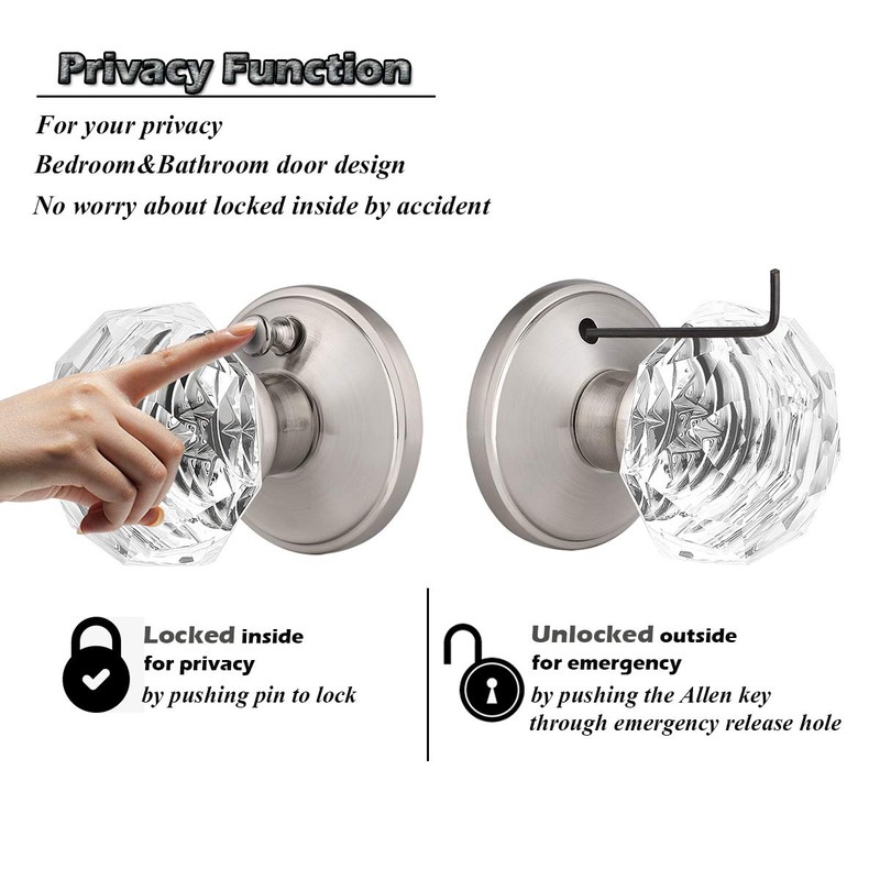 Classic Rosette, Crystal Style Privacy Door Knob, Satin Nickel Diamond