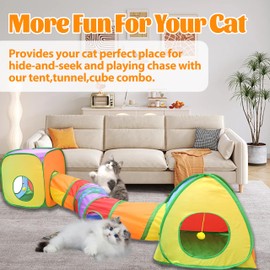 Cat Tunnel and cat Ball Pit, cat Toys for Indoor Cats, Pop Up Collapsible Crinkle Interactive Peek Hole, Cat Tube with Play Ball and Bell for Kitten, Puppy, Kitty, Rabbit - Set of 3