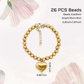 MultiValue Women Bracelets, Adjustable Stainless Steels Round Bead Heart Bracelet Fashion Elegant Ladies Bracelets Jewellery Charm Bracelets for Women Girls Birthday Gifts (Gold, A)