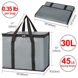 CIVJET Insulated Grocery Shopping Bags, X-Large Food Delivery Bag for Delivery Drivers, Reusable Tote Cooler Bag for Travel, Dark Gray, 2-Pack