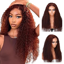 Shoaiye 13 x 6 Lace Front Real Hair Wig, Women's Curly Wave Human Hair Wig, Wear and Go Glueless Remy Pre Plucked Natural Hairline, 150% Density, Reddish Brown Colour for Woman, 28 Inches (71 cm)