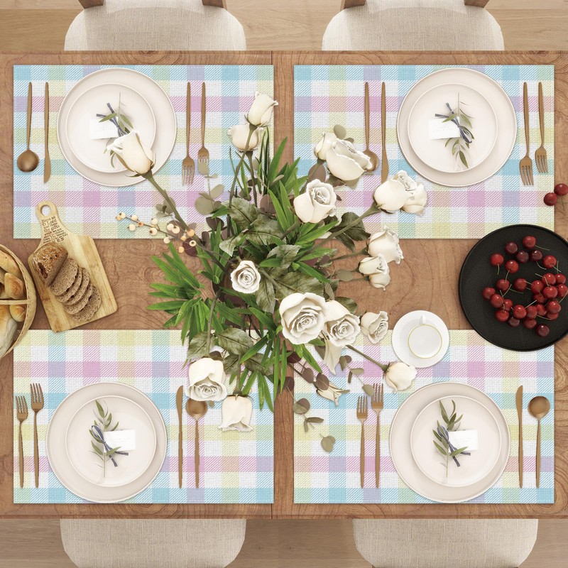 Linen Pastel Buffalo Check Plaid Spring Placemats Set of 4