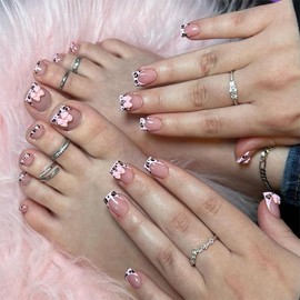 48Pcs Pink Press on Finger Toe Nails Set Square Short Fake Nails French Tip Press on Nails with Leopard Print Designs Cute 3D Bow Stick on Nails Holiday Acrylic Toe Nails DIY for Women Girls