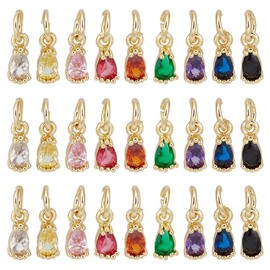 DELORIGIN 27 Pcs Real 18k Gold Plated Birthstone Charms 9 Colors Mini Cubic Zirconia Jewelry Making Charms Teardrop Birthstone Pendants with Jump Hooks for DIY Necklace Bracelet Earring Craft 8x3mm