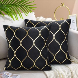 Hanrunsi Black Cushion Cover Velvet 50 x 50 cm Modern Throw Pillow Covers Exquisite 20 x 20 inch with Gold Line Decorative Pillows for Indoor and Outdoor Living Room Couch Sofa Set of 2
