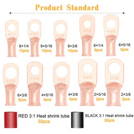 120Pcs AWG 8 6 4 2 Copper Wire Lugs Set,60Pcs Battery Cable Closed End Tubular Ring Terminals Connectors with 60Pcs 3:1 Adhesive Heat Shrink tube