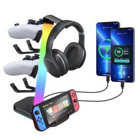 VCOM RGB Gaming Headphones Stand with 10 Light Modes, 4 Controller Holder with 1 USB & 2 Type-C Charging Ports,Headset Stand Suitable for All Earphone Accessories, Best Gift for Desk Gamers