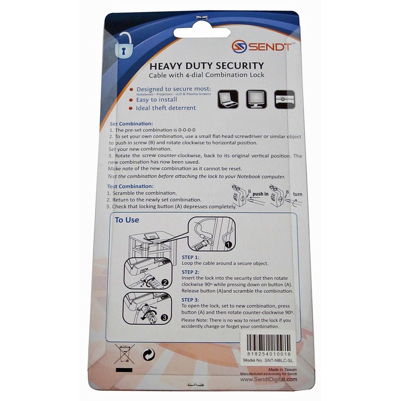 Sendt Notebook/Laptop Combination Lock Security Cable (Silver)