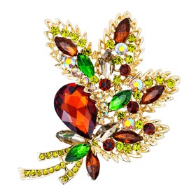 Axmerdal Wedding Bridal Big Crystal Rhinestone Bouquet Brooch Alloy Pin for Women (gold leaf bouquet)