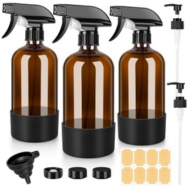 BELICOO Amber Glass Spray Bottles 3 Pack, 17 oz/500 ml Glass Spray Bottles for Cleaning, Plants, Essential Oils, Hair Care, Refillable Empty Spray Bottle with Adjustable Nozzle for Squirt and Mist