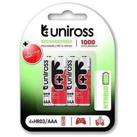 Uniross -Pilas Recargables Tamaño AAA - 1000mAh - Niquel Metal- Paquete con 4