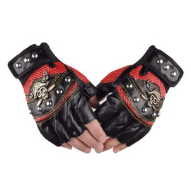 IPENNY Unisex Half Finger Cycling Gloves Rivet Stud PU Leather Gloves Skull Personality Fashion Mittens Outdoor Equipment Riding Gloves Rivet - red