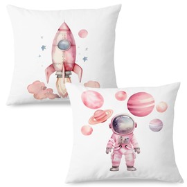 ignytiger Pink Space Nursery Decor Pillow Covers 18x18 Set of 2,Kids Space Room Bedroom Decor for Boys Room, Astronaut Spaceship Decorative Pillow Covers