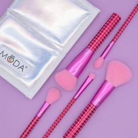 MODA Keep It Classy Face Flip Kit – 6pc Travel-Size Makeup Brush Set in Metallic Pink, Vegan & Portable