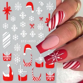 8PCS Christmas Nail Stickers 5D Embossed Nail Decals Xmas French Santa Hat Snowflake Gift Bow English Elk Bear Adhesive Design Red French tip Sticker Winter for Manicure New Year Art Decoration