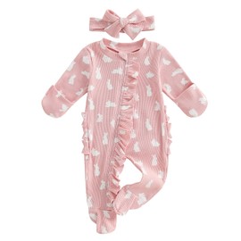 YINGISFITM My First Easter Baby Girl Boy Outfit Footie Romper Waffle Knit Zipper Onesie Jumpsuit Newborn Easter Clothes (Pink bunny, Newborn)