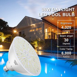 XIUBE 12V Led Swimming Pool Light Bulb - 36W 4320LM 6000K Daylight White PAR56 Replacement Bulb for Most Pool Fixtures, Replaces up to 200-600W Tradition Bulb, E26 Base