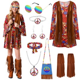 COYBTO 70s Fancy Dress Women, 60s Hippie Costume Outfit with Fringe Vest Bag Necklace Set, 70s Disco Fancy Dress, 1970s Retro Hippie Costume Hippy Clothes for Carnival Cosplay Party (1, L)