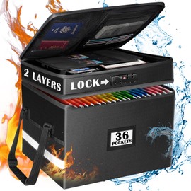 File Box with Lock, 2 Layers Fireproof Document Box, Waterproof Portable File Storage Organizer, 36 Pockets Fire Resistant File Box Organizer,Adjustable Handle for Hanging Letter/Legal Folder
