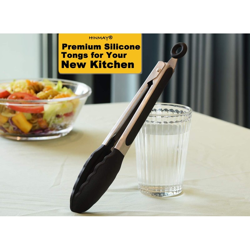 HINMAY 9" Silicone Kitchen Tongs with Silicon tips, Set of