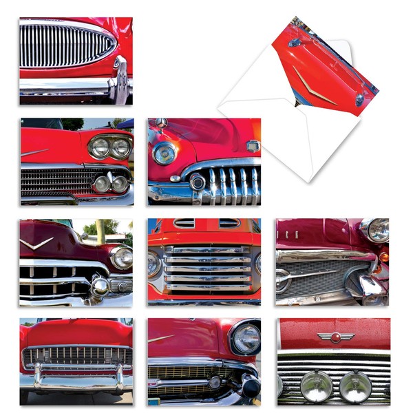 10 Assorted 'Car and Grille' Greeting Cards with Envelopes 4 x 5.12 inch - Set of 10 Thank You Cards Featuring Red Car and Grille for Any Occasion M2120