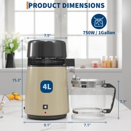 GarveeHome Water Distillers for Home Countertop, 1 gal/4 L Stainless Steel Distilled Water Machine with Glass Container, 750W Desktop Drinking Purifier Filter Distilling Kit, Gold