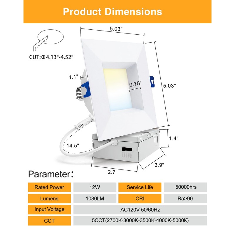Adetu 4 Inch Anti-Glare LED Downlight,Dimmable Ceiling Light with 5CCT